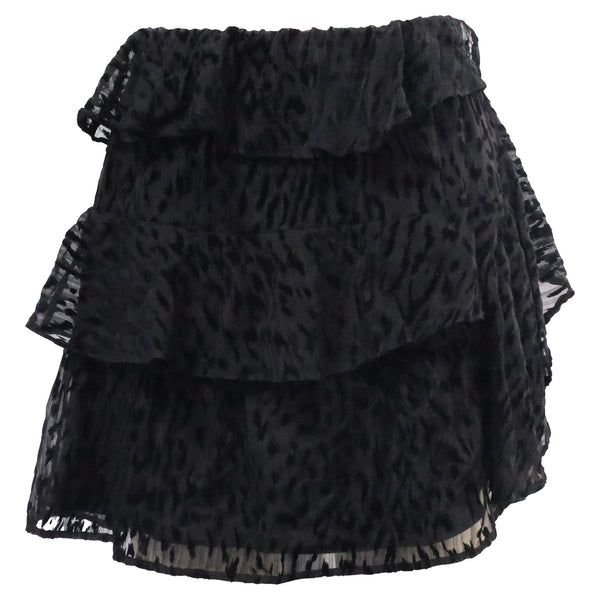 Women's Iro Leopard-Accent Mini Tiered Skirt in Black Silk