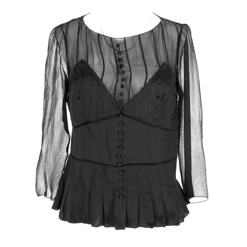 Women's Chloé Pleated Sheer Long Sleeve Blouse in Black Silk