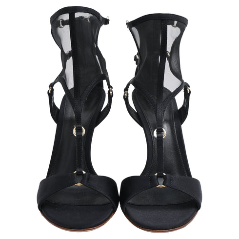 Women's Gianvito Rossi Mesh Accent T-Strap Sandal Heels in Black Satin
