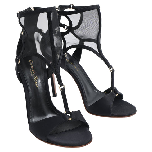 Women's Gianvito Rossi Mesh Accent T-Strap Sandal Heels in Black Satin