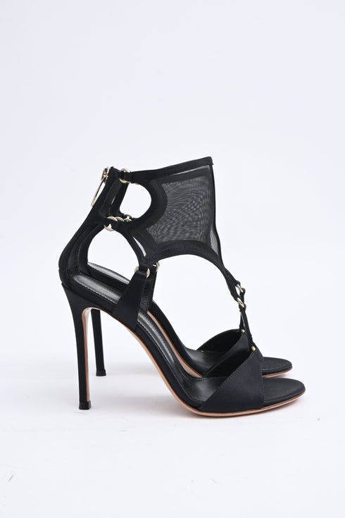 Women's Gianvito Rossi Mesh Accent T-Strap Sandal Heels in Black Satin