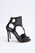 Women's Gianvito Rossi Mesh Accent T-Strap Sandal Heels in Black Satin