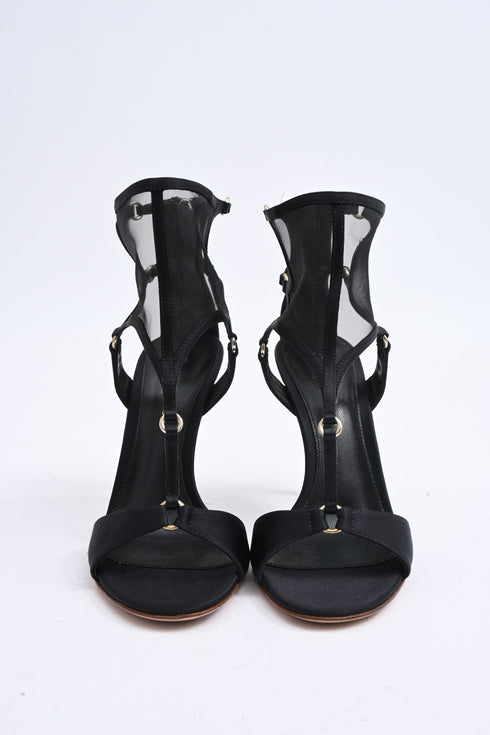 Women's Gianvito Rossi Mesh Accent T-Strap Sandal Heels in Black Satin