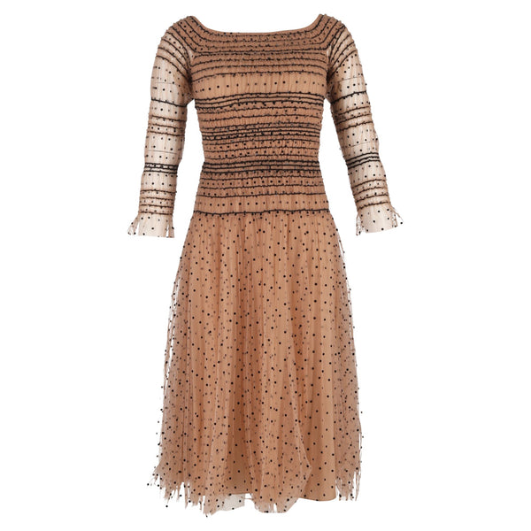 Women's Self-Portrait Shirred Polka-Dot Off Shoulder Midi Dress in Nude Polyamide