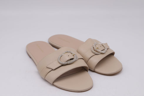 Women's Stuart Weitzman Crystal-Embellished Slides in Beige Leather