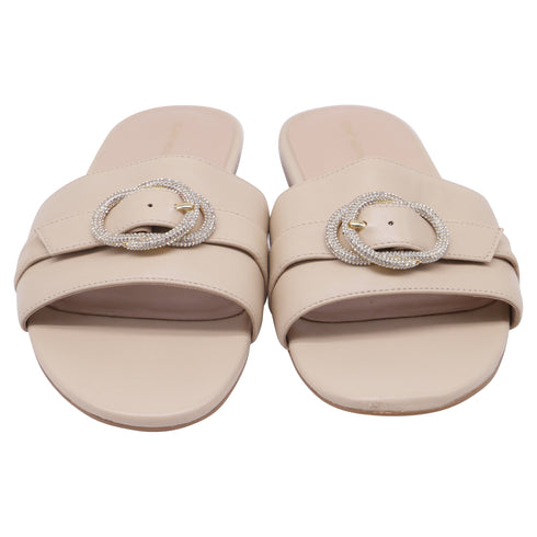Women's Stuart Weitzman Crystal-Embellished Slides in Beige Leather