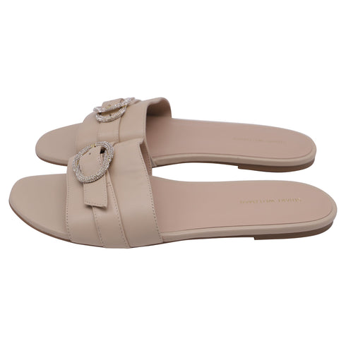 Women's Stuart Weitzman Crystal-Embellished Slides in Beige Leather