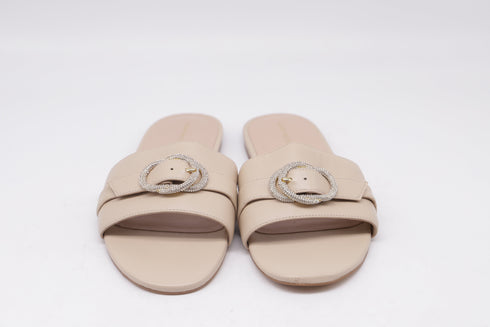 Women's Stuart Weitzman Crystal-Embellished Slides in Beige Leather