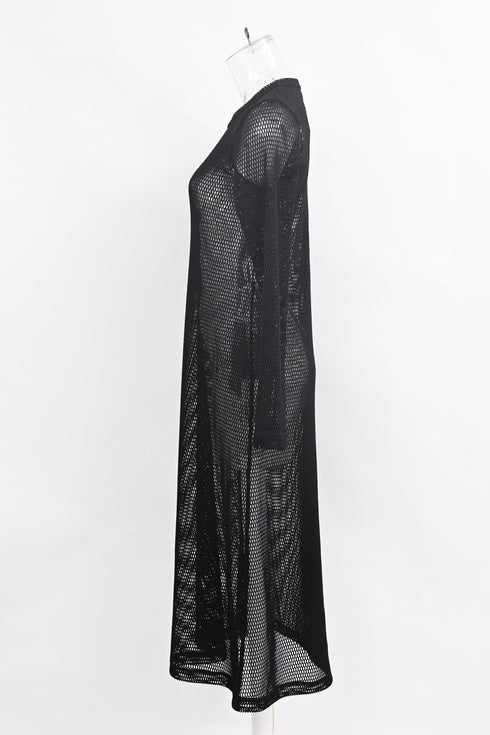 Women's Comme Des Garçons Mesh Long Sleeve Midi Dress in Black Polyester