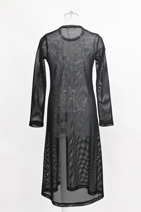 Women's Comme Des Garçons Mesh Long Sleeve Midi Dress in Black Polyester