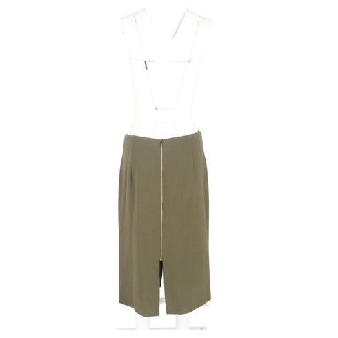 Women's Roland Mouret Front Slit Midi Pencil Skirt in Olive Wool