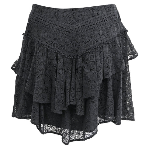 Women's Iro Tale Lace Tiered Mini Skirt in Black Cotton