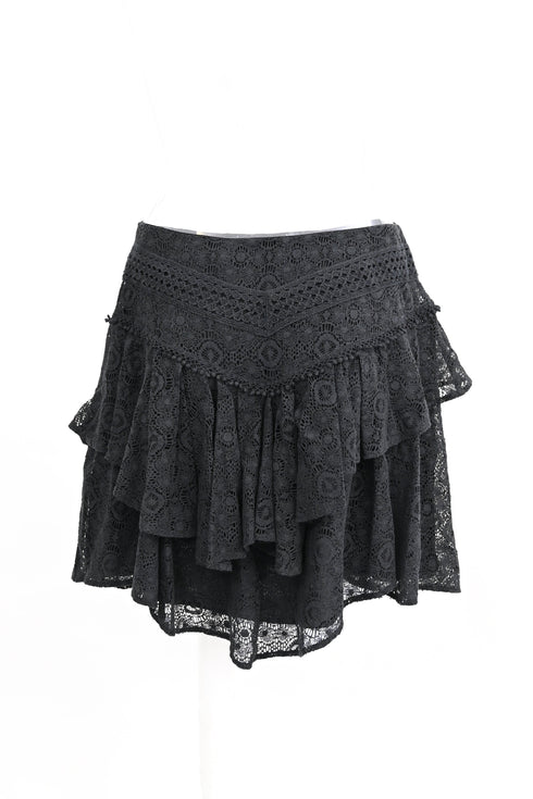 Women's Iro Tale Lace Tiered Mini Skirt in Black Cotton