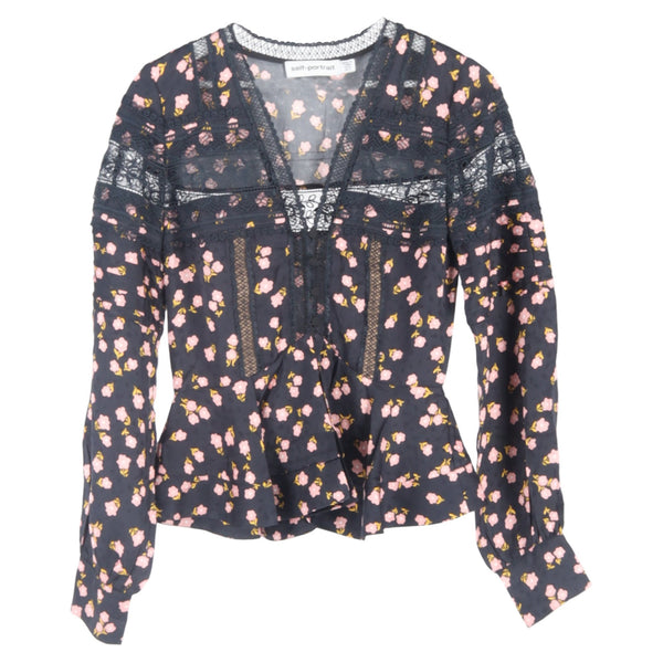 Women's Self-Portrait Lace-Trimmed Floral-Print Peplum Top in Multicolor Viscose