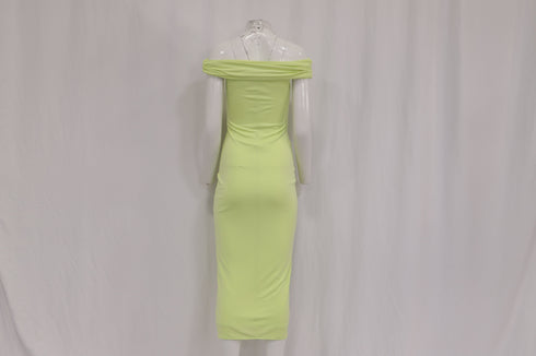 Women's Self-Portrait Off-Shoulder Ruched Midi Dress in Lime Green Viscose