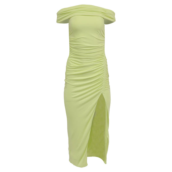 Women's Self-Portrait Off-Shoulder Ruched Midi Dress in Lime Green Viscose