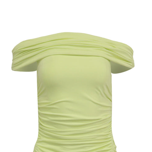 Women's Self-Portrait Off-Shoulder Ruched Midi Dress in Lime Green Viscose