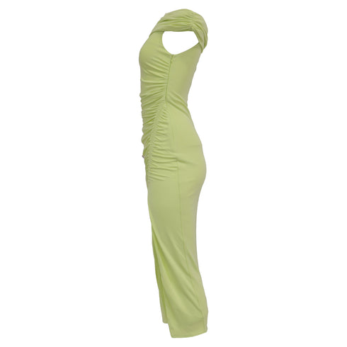 Women's Self-Portrait Off-Shoulder Ruched Midi Dress in Lime Green Viscose