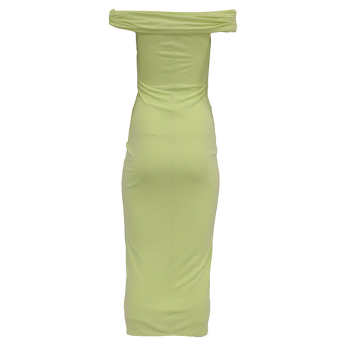 Women's Self-Portrait Off-Shoulder Ruched Midi Dress in Lime Green Viscose