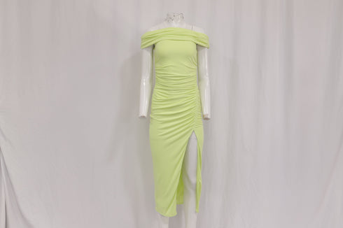 Women's Self-Portrait Off-Shoulder Ruched Midi Dress in Lime Green Viscose