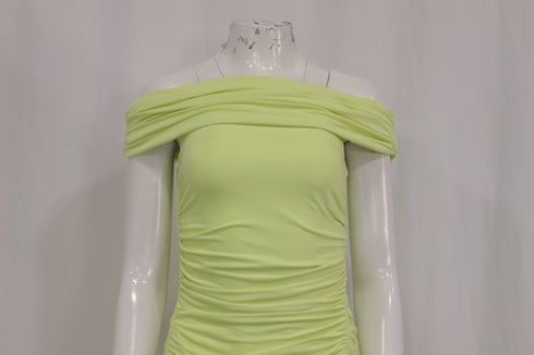 Women's Self-Portrait Off-Shoulder Ruched Midi Dress in Lime Green Viscose