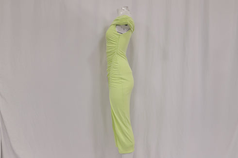 Women's Self-Portrait Off-Shoulder Ruched Midi Dress in Lime Green Viscose