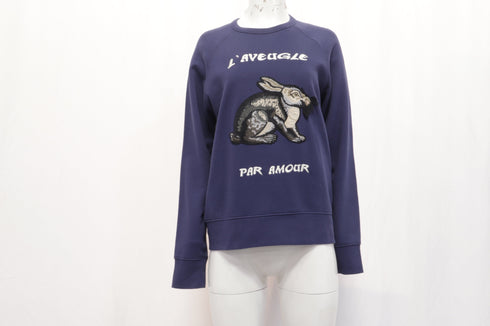 Women's Gucci L'Aveugle Par Amour Hare Appliqué Sweater in Navy Blue Cotton