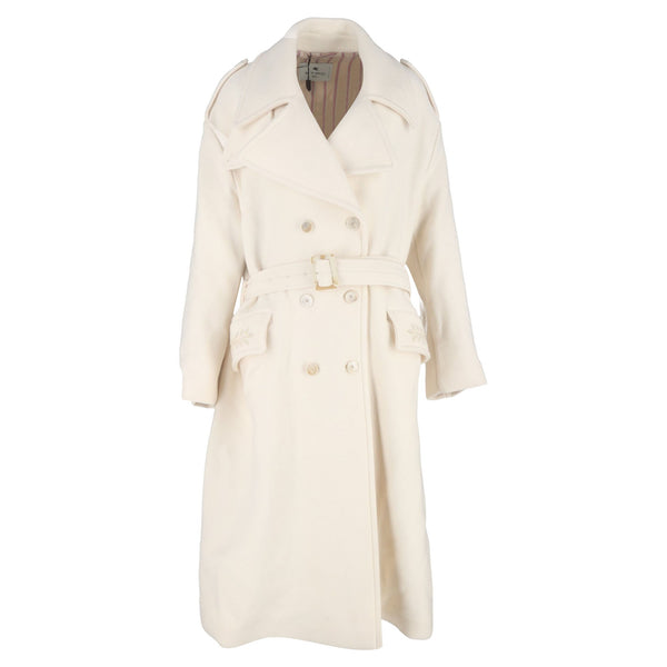 Women's Etro Oversized Double-Breasted Belted Coat with Pockets in White Wool