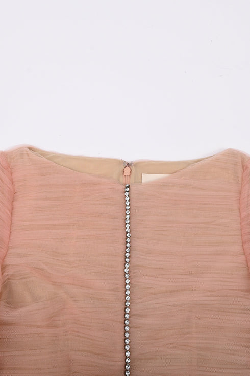 Women's Khaite Vienna Crystal-Embellished Pleated-Tulle Top in Pink Polyamide