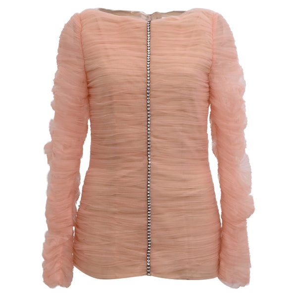 Women's Khaite Vienna Crystal-Embellished Pleated-Tulle Top in Pink Polyamide