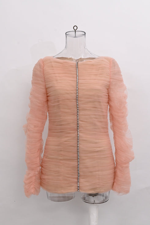 Women's Khaite Vienna Crystal-Embellished Pleated-Tulle Top in Pink Polyamide