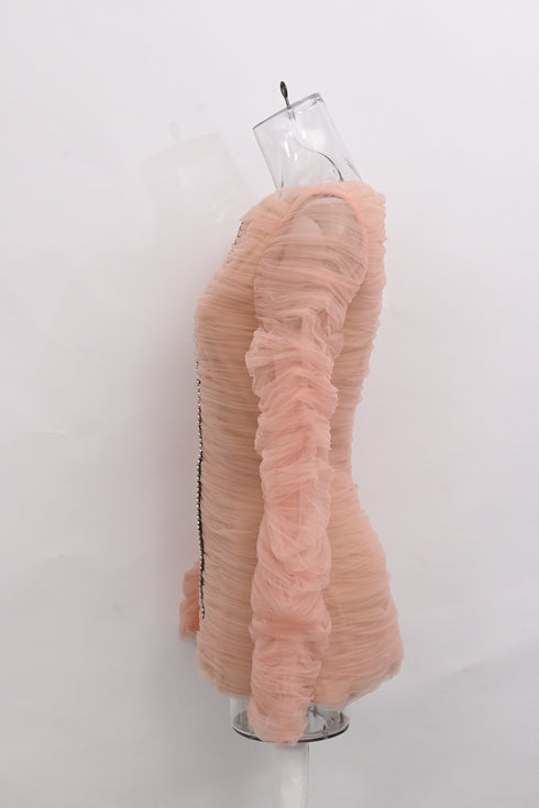 Women's Khaite Vienna Crystal-Embellished Pleated-Tulle Top in Pink Polyamide