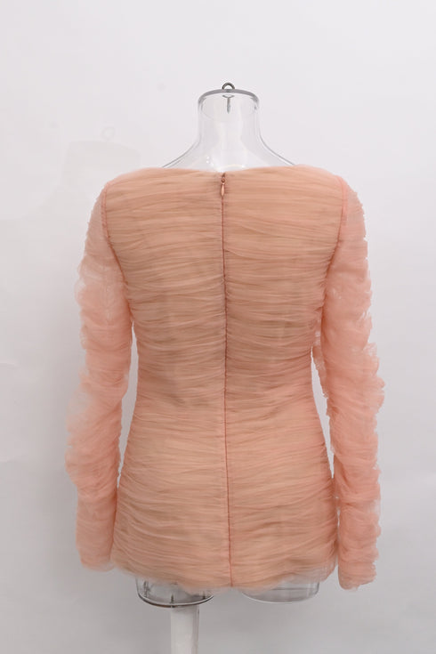 Women's Khaite Vienna Crystal-Embellished Pleated-Tulle Top in Pink Polyamide