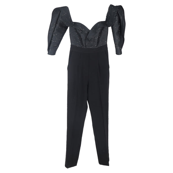 Women's Self-Portrait Off-Shoulder Sweetheart Neckline Jumpsuit in Black Polyester