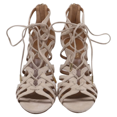 Women's Aquazzura Ivy Lace-Up Sandal Heels in Nude Suede