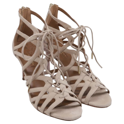 Women's Aquazzura Ivy Lace-Up Sandal Heels in Nude Suede