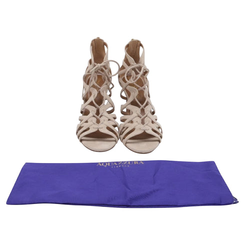 Women's Aquazzura Ivy Lace-Up Sandal Heels in Nude Suede