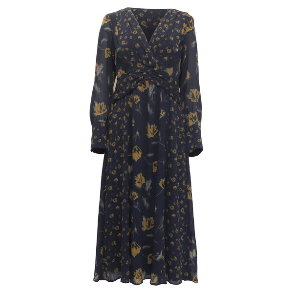 Women's Ba&Sh Finaya Floral-Print Long Sleeve Midi Dress in Navy Blue Polyester