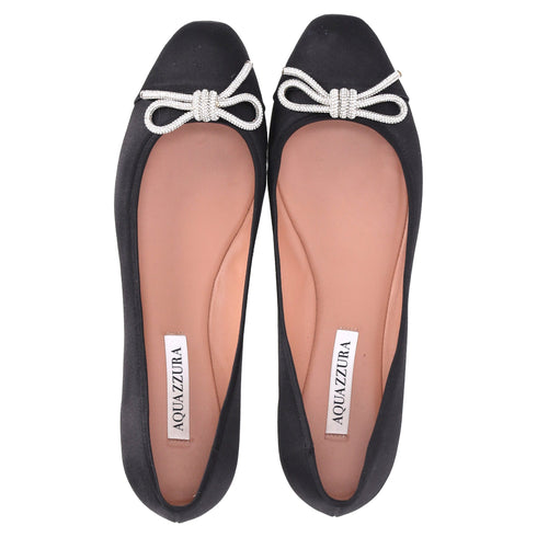 Women's Aquazzura Parisina Crystal Embellished Ballet Flats in Black Satin