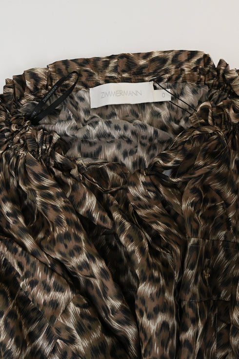 Women's Zimmermann Suraya Leopard-Print Off-Shoulder Dress in Brown Silk