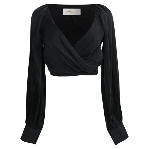 Women's Zimmermann Long Sleeve Wrap Cropped Top in Black Silk