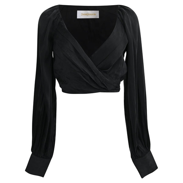 Women's Zimmermann Long Sleeve Wrap Cropped Top in Black Silk