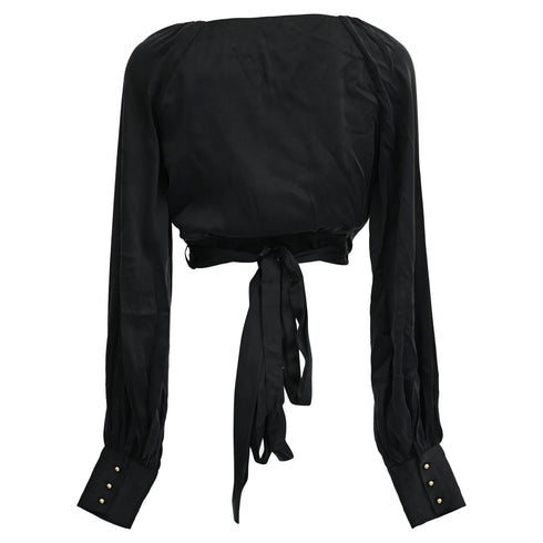 Women's Zimmermann Long Sleeve Wrap Cropped Top in Black Silk