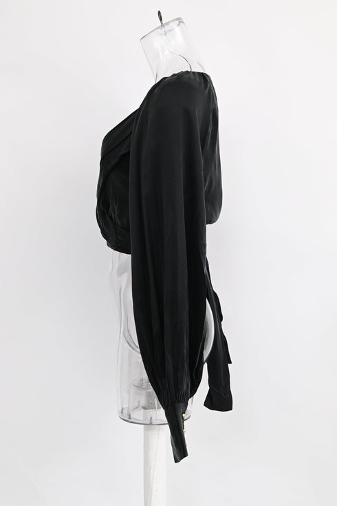 Women's Zimmermann Long Sleeve Wrap Cropped Top in Black Silk