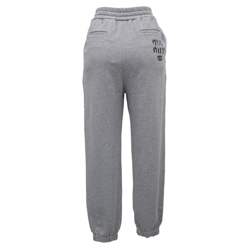 Women's Miu Miu Embroidered Logo Track Pants in Grey Cotton
