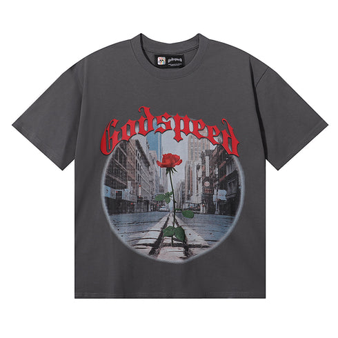 Godspeed T-shirts Street View Rose Print Cotton Casual Short Sleeve Men and Women