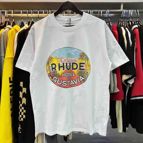 Rhude T-shirts Gustavia Hotel Printed Cotton Casual Short Sleeves Men's and Women's