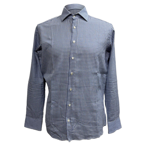 Men's Etro Gingham-Print Button-Down Long Sleeve Shirt in Blue Cotton