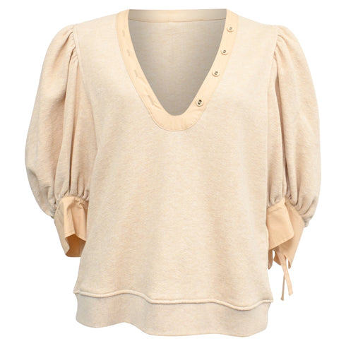 Women's Ulla Johnson Pia Knitted Puffed Sleeve Blouse in Cream Cotton