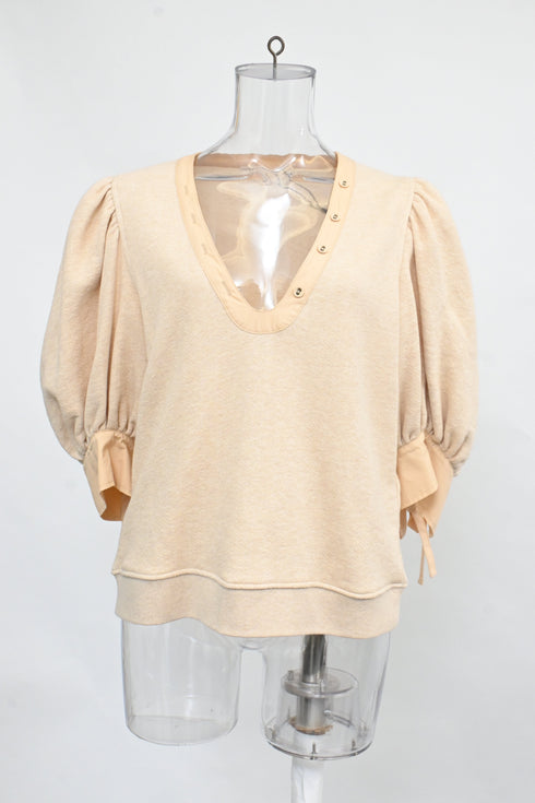 Women's Ulla Johnson Pia Knitted Puffed Sleeve Blouse in Cream Cotton